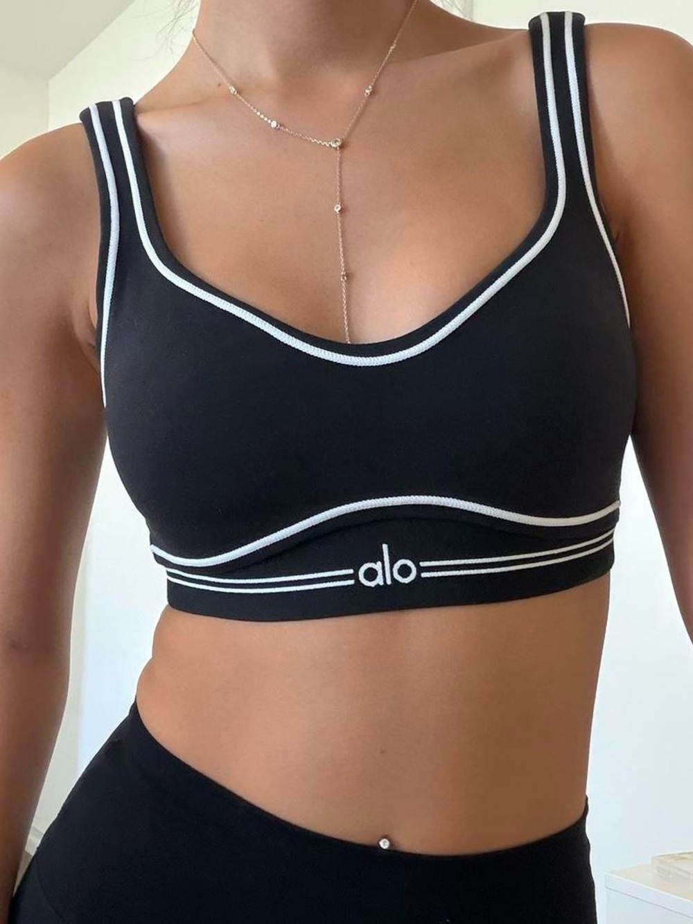 ALO Yoga Black Heart Throb Sports Bra with White Trim